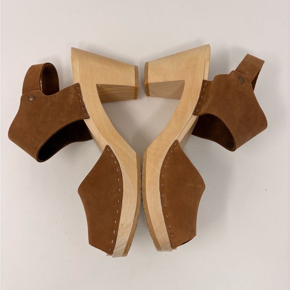 Bryr Miranda Slingback Peep Toe Wooden Clogs Caramel Leather Size 41 - Picture 4 of 10